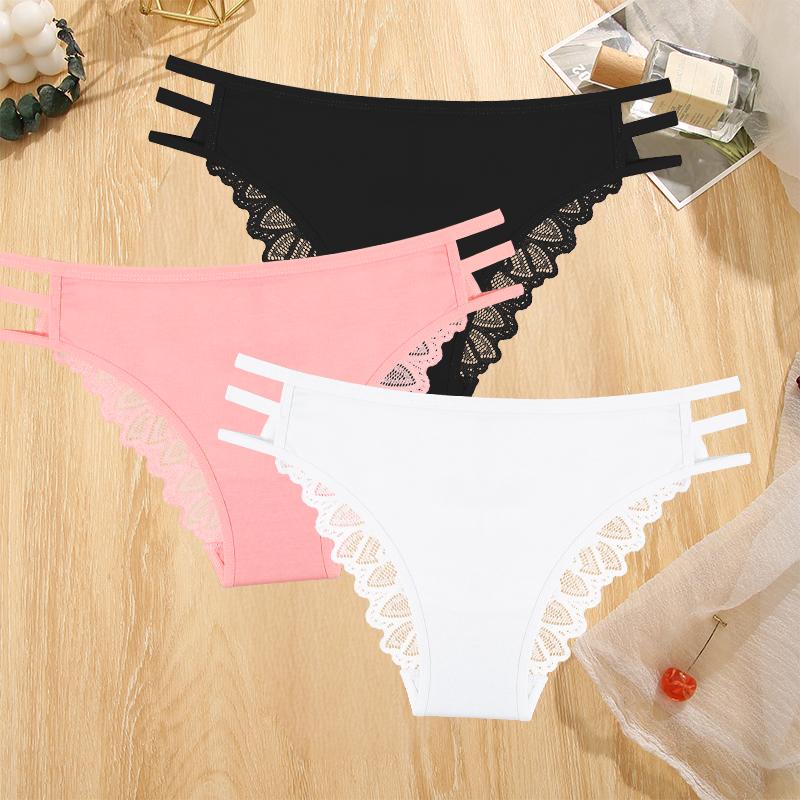3Pcs Sexy Lady Style Transparent Lace Underwear Women's Straps Panties Seamless Perspective Briefs Low Waisted Triangle Pants
