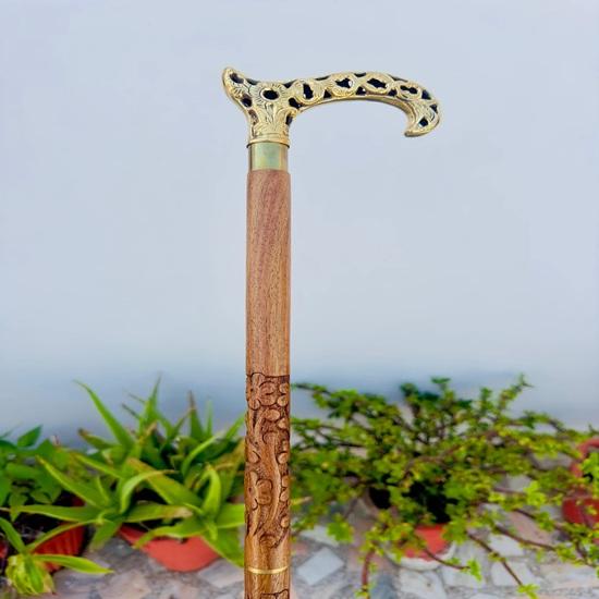 91.44 Cm Victorian Engraved Royal Walking Stick, Brass Flower Head with Wooden Engraved Walking Cane, Gifts For Him, Christmas Gift