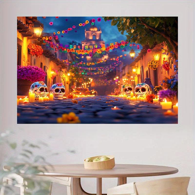 1 Day of the Dead party banner - Bright sugar skull street scene with colorful flowers & lanterns, polyester background fabric