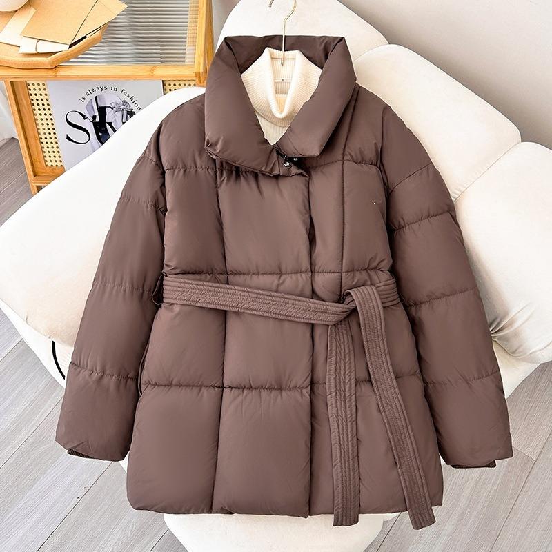 Women Stand Collar Belted Loose Fit Mid Length Long Sleeve Padded Coat Solid Color Winter Outerwear