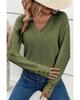 Azura Exchange Jungle Green Textured Knit V Neck Button Cuffs Long Sleeve Top