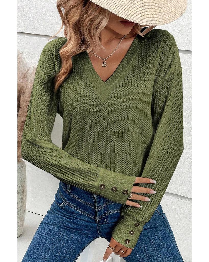 Azura Exchange Jungle Green Textured Knit V Neck Button Cuffs Long Sleeve Top