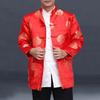 Мужской костюм Тан Топ в китайском стиле с воротником-стойкой Красный однобортный праздничный атласный топ с длинным рукавом и принтом для пожилых людей Новогодний топ