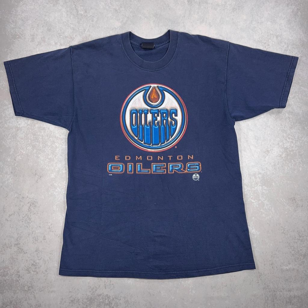 Винтажная футболка с графическим принтом Edmonton Oilers NHL и детская футболка 1990-х годов Pro Player Hockey Tee, Темно-синяя, XL