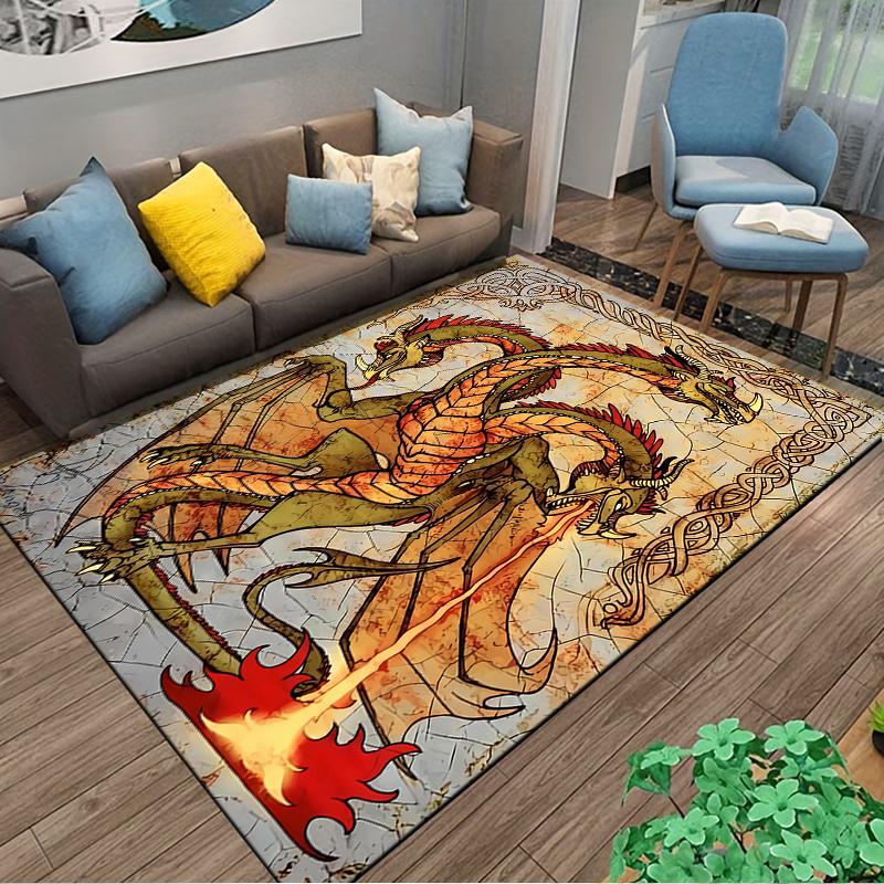 "Three-Headed Fire-Breathing Dragon Printed Medieval Style Carpet" Suitable for use as an anti-slip for living room bedroom sofas