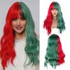 Синтетические длинные волнистые парики наполовину красные, наполовину сине-зеленые с челкой для женщин, натуральный кудрявый парик для Рождества, косплей-вечеринки