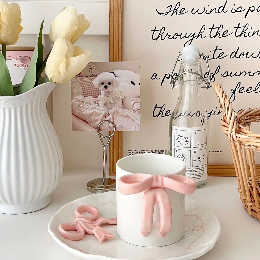 Симпатичная тарелка с 3D-бантом и кофейная кружка, расписанная вручную, керамическая тарелка, украшение для гостиной, спальни, обеденного стола, тарелка для фруктового салата