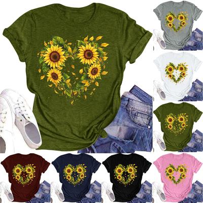 Женская повседневная футболка с круглым вырезом и цветочным принтом, короткий рукав