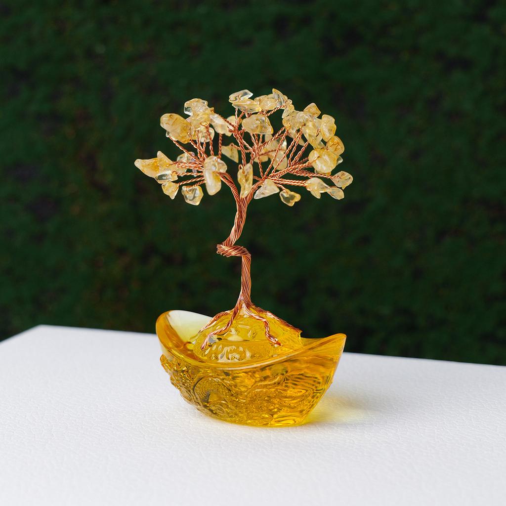 1pc Natural Crystal Citrine Fortune Tree Glass Base Hand-Woven Lucky Tree Home Office Desktop Decoration Holiday Gift