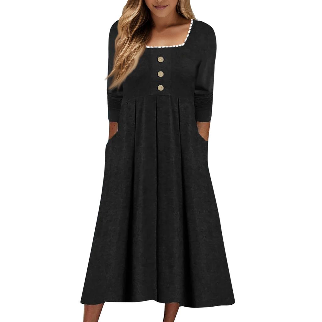 Женские повседневные модные длинные платья с квадратным воротником и длинным рукавом, кружевные, однотонные, винтажные, с карманом, осень и зима