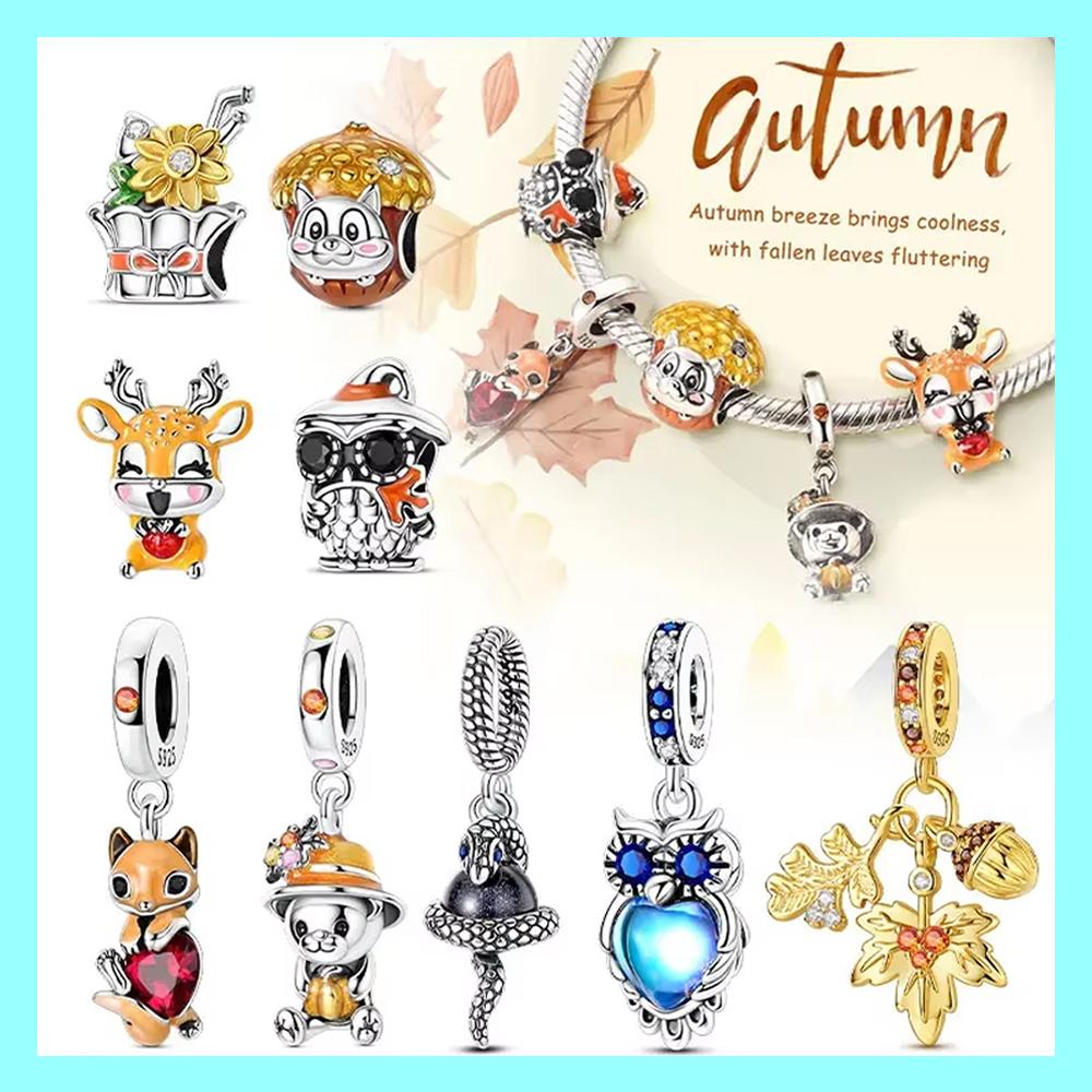 Exquisite Copper Autumn Squirrel Owl Series Diy Charm Beads Fit Original Bangle Charms Bracelet Women Jewelry