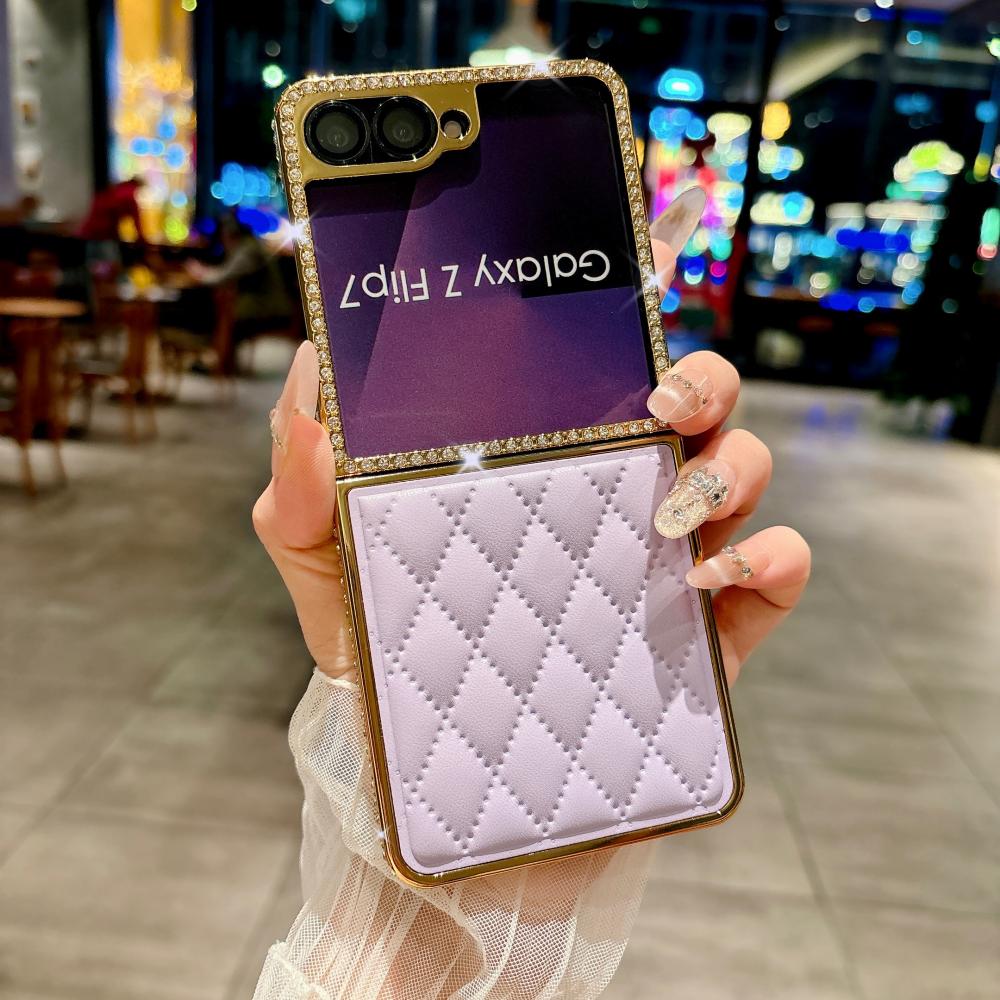 Стеганый кожаный чехол из овчины для Samsung Galaxy Z Flip 7 6 5 4 3 Чехол Блестящий Алмазный Ударопрочный для Samsung Galaxy 7 6 5 Z Flip