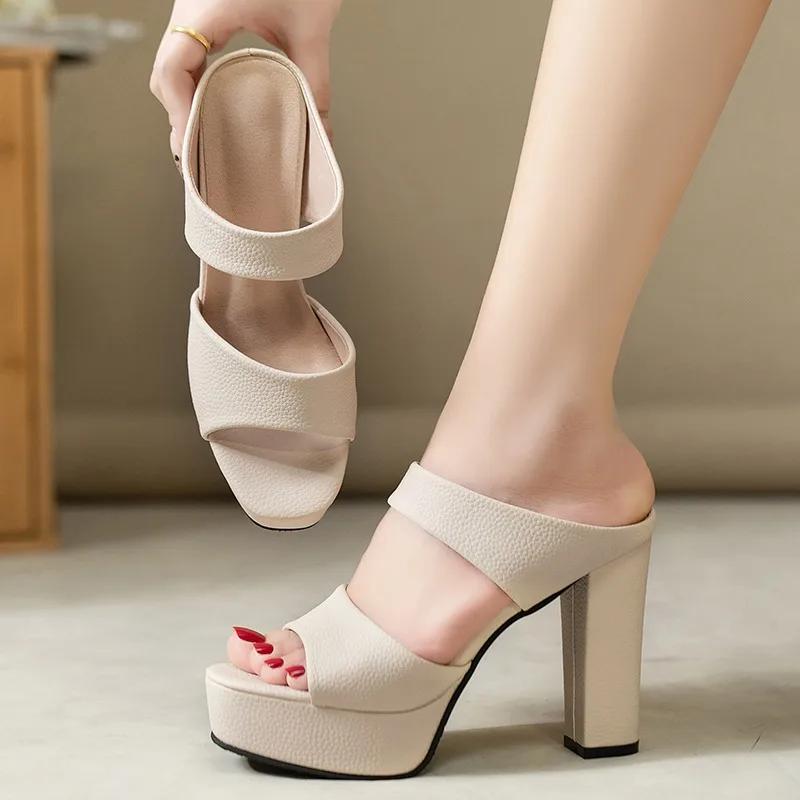 Мода 2025 Лето Новые Босоножки на толстом каблуке Женские С круглым носом С открытым носком Водонепроницаемая платформа Противоскользящие Износостойкие Шлепанцы на высоком каблуке