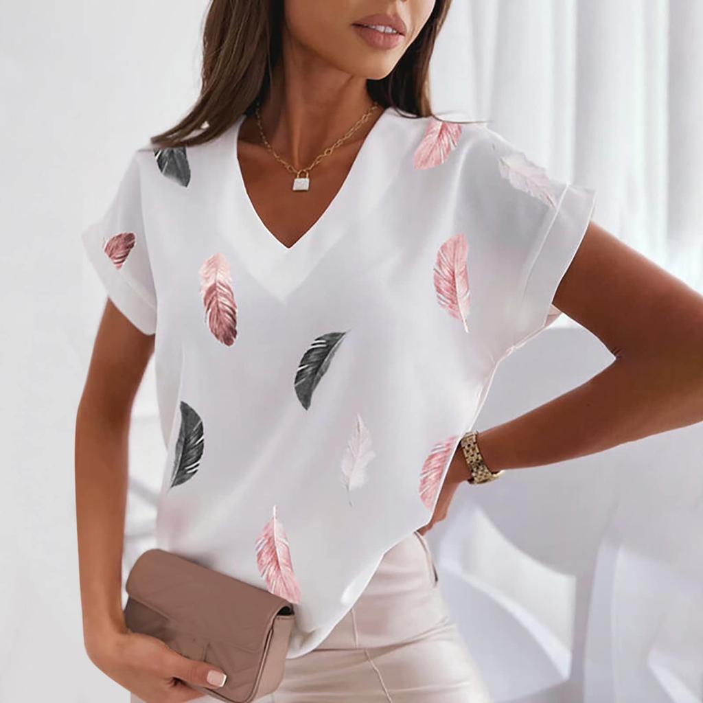 Feather 3D Printed T-shirts V-neck Short Sleeved Women's T-shirts