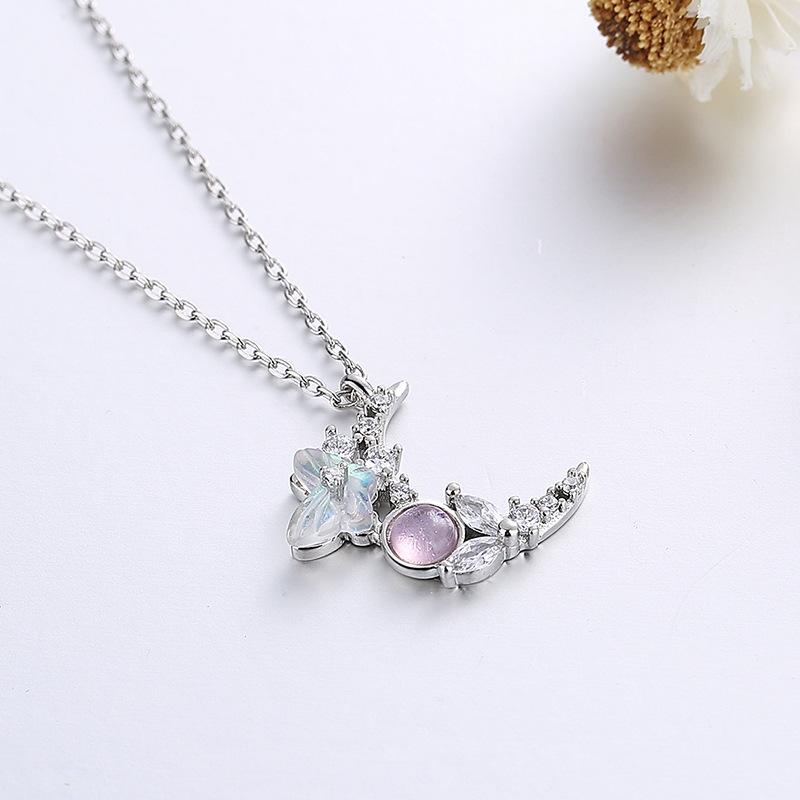 Ожерелье с кулоном Dazzle Crystal Butterfly Dewdrop Moon для женщин, изысканное серебряное ожерелье S925 для девочек, романтические украшения