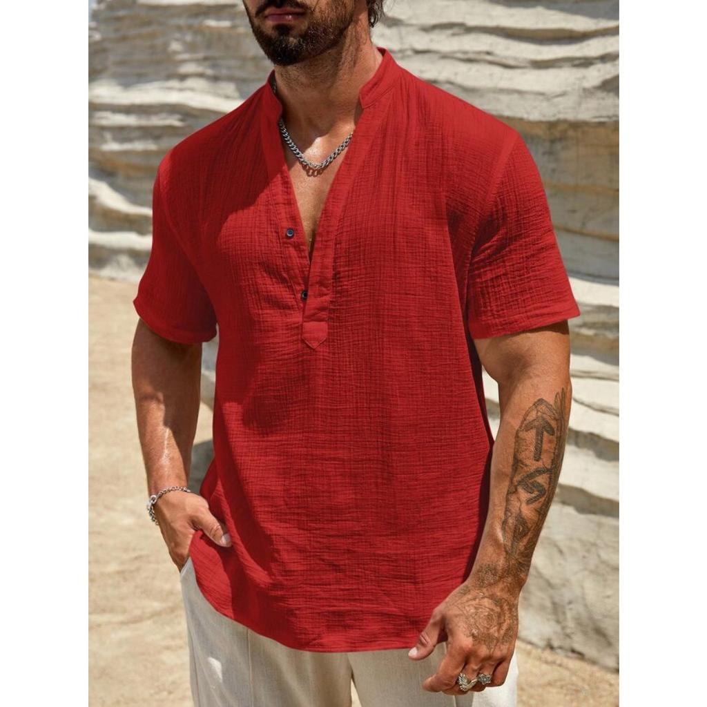Мужская повседневная рубашка-henley из льна. Модная и универсальная. Рубашка для пляжного отдыха.