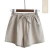 Women's Summer Cotton Linen Trousers Solid Color Elastic Waist Wide-leg Short Pants