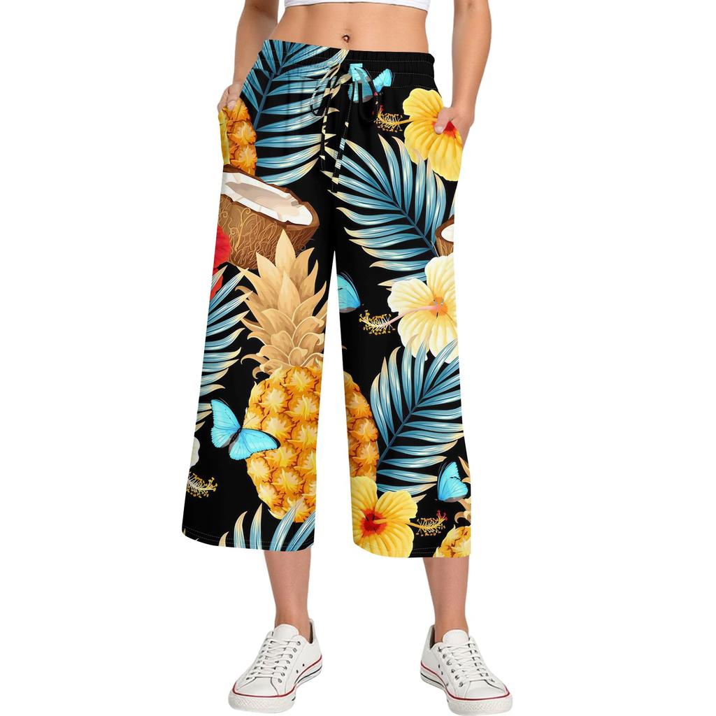 Женские летние повседневные спортивные брюки с высокой талией и принтом, укороченные брюки свободного покроя
