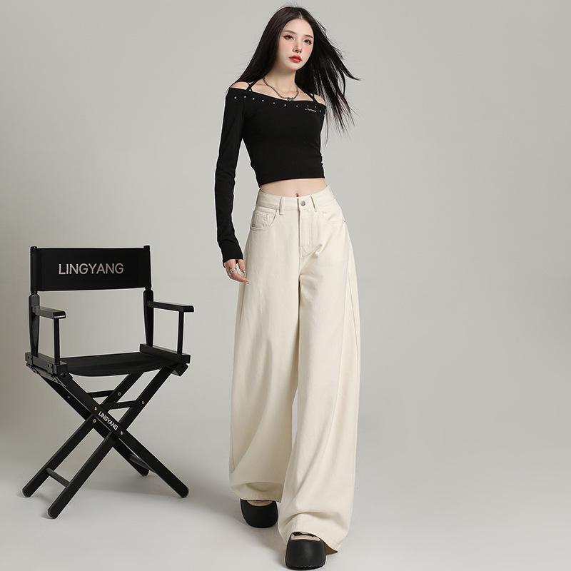 Женские белые джинсы с широкими штанинами и высокой талией, с драпировкой — свободный покрой в корейском стиле на осень