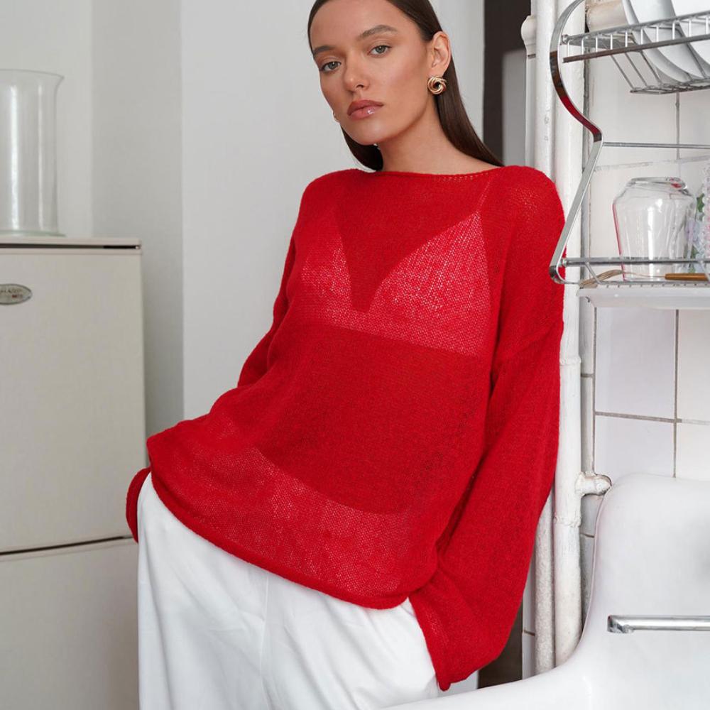 Ажурная трикотажная рубашка весна/лето женская перспектива тонкая большая круглая горловина рукав труба трикотажная футболка