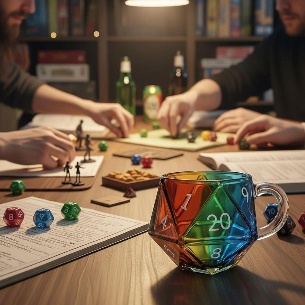 Прозрачная стеклянная кружка-кубик D20 Радужный с ручкой, фэнтезийная тематика, полиэдрические кубики, кофейная кружка, кружка для игр для любителей RPG
