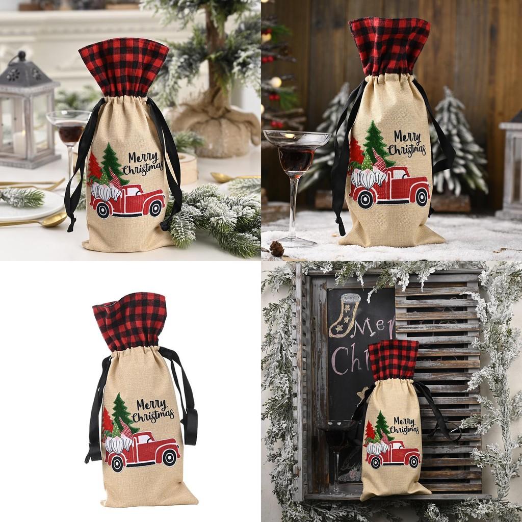 Charming Forest Santa Car Wine Bottle Bag Stylish Checkered Fabric Christmas Decoration