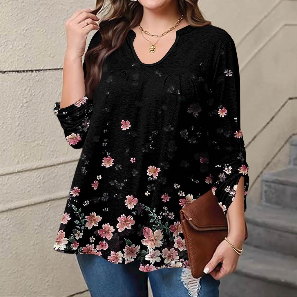 Женский модный топ большого размера с принтом, повседневный плиссированный, с круглым вырезом и длинными рукавами