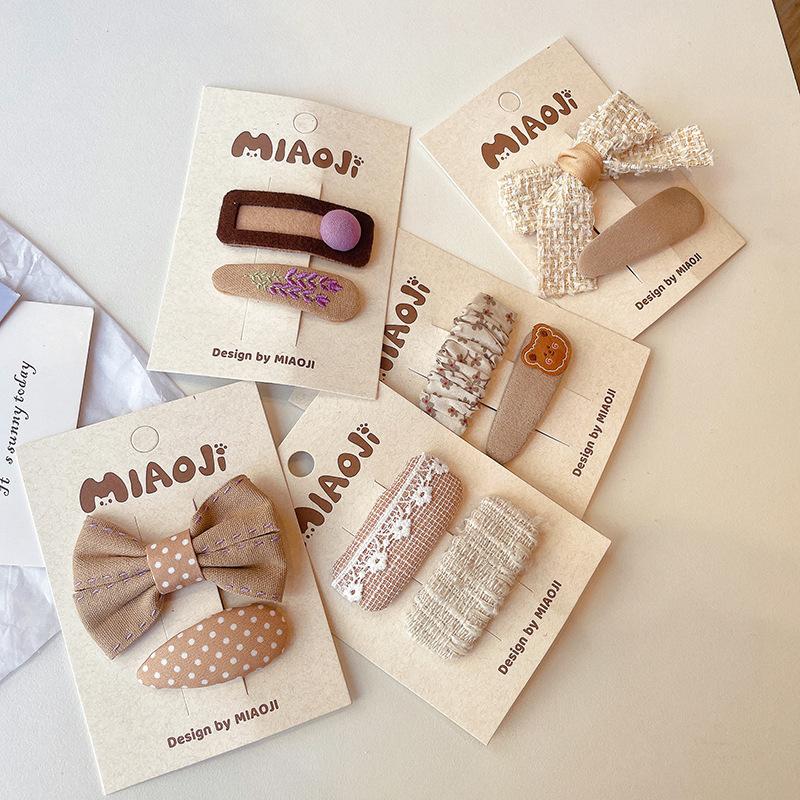 2pcs Coffee Plaid Embroidered Bow Hairpin Version of Children's Bangs Broken Hair BB Baby Headwear Girls Kids Hair Accessories