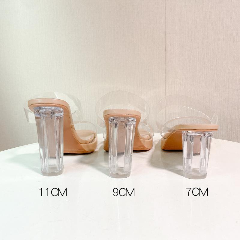 Шлепанцы на высоком каблуке женские 2025 лето новые однословные с ПВХ для улицы модные хрустальные и шлепанцыженские