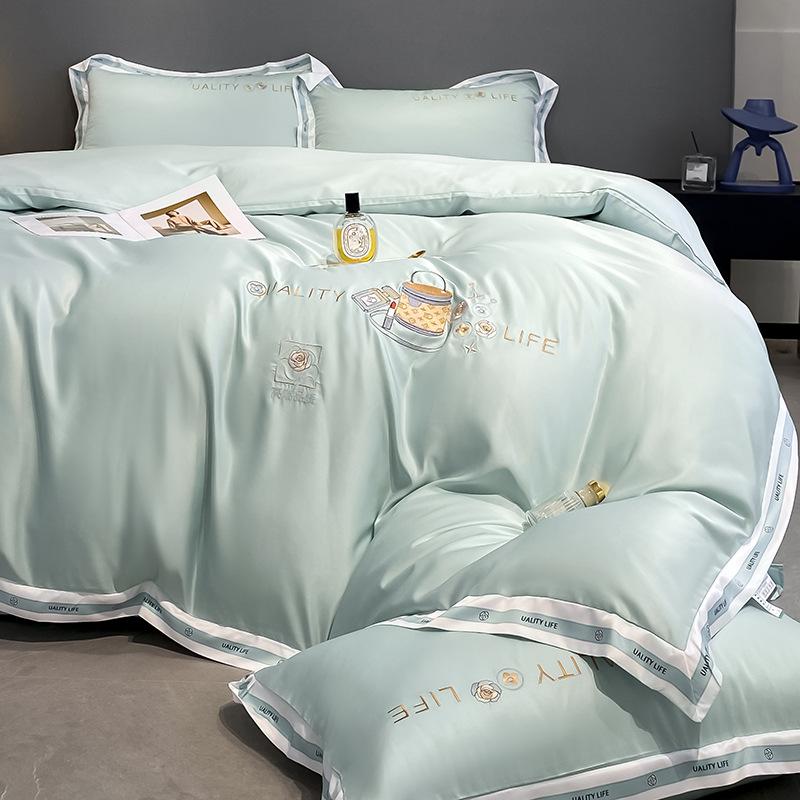 Комплект из четырех предметов из стираного шелка, высококачественное постельное белье из ледяного шелка, вышитое одеяло, покрывало, простыня, комплект из трех предметов