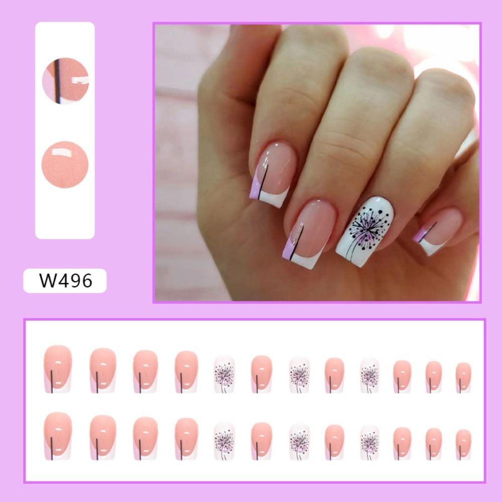 24pcs Manicure Fake Nials Press On Nails Purple Love Heart French Long Square False Nails White Edge