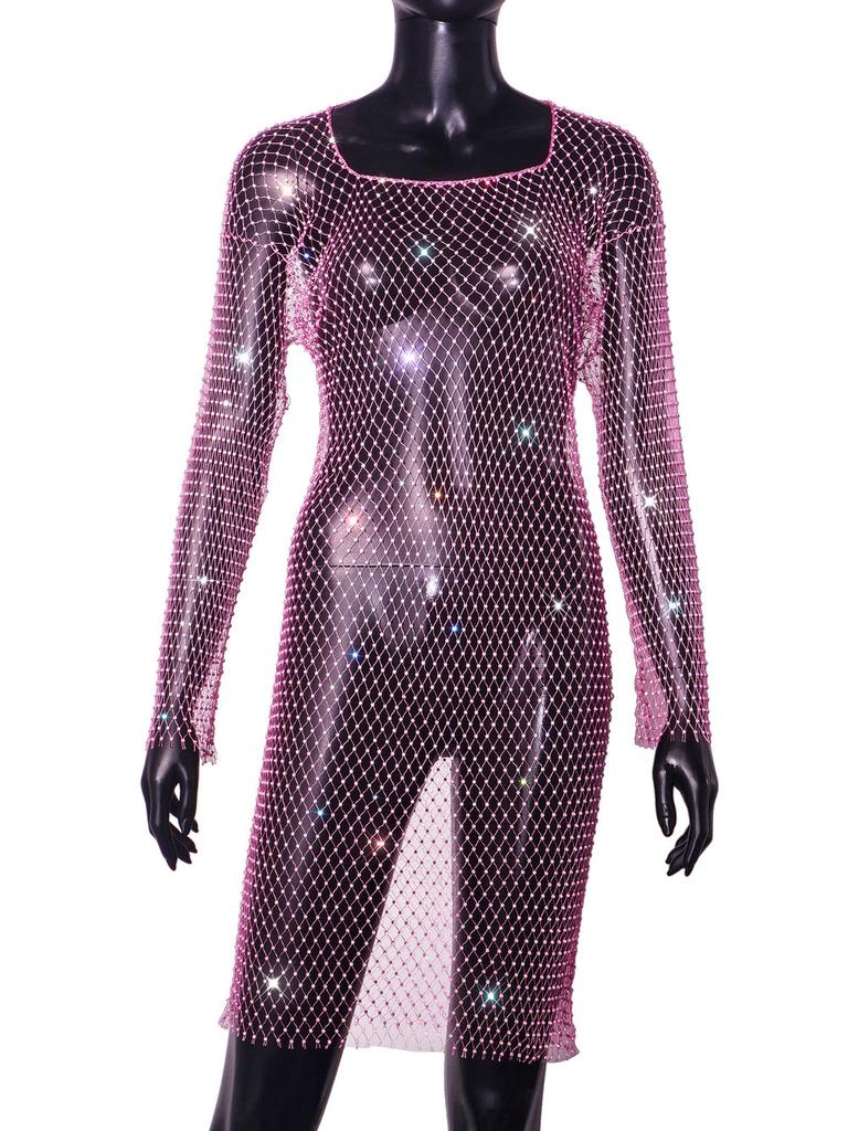 New Trend Fishing Net Rhinestone Shiny Hollow Party Sexy Two-piece Set