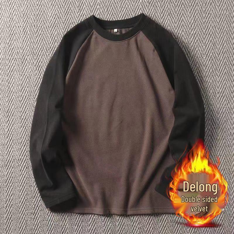 Мужская приталенная рубашка из немецкого бархата с рукавами реглан - Круглый вырез, Теплая осенне-зимняя, Контрастные цвета, Модный бренд.