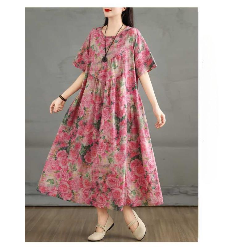 Ретро хлопково-льняное платье с круглым вырезом и короткими рукавами для женщин, свободная А-силуэтная юбка