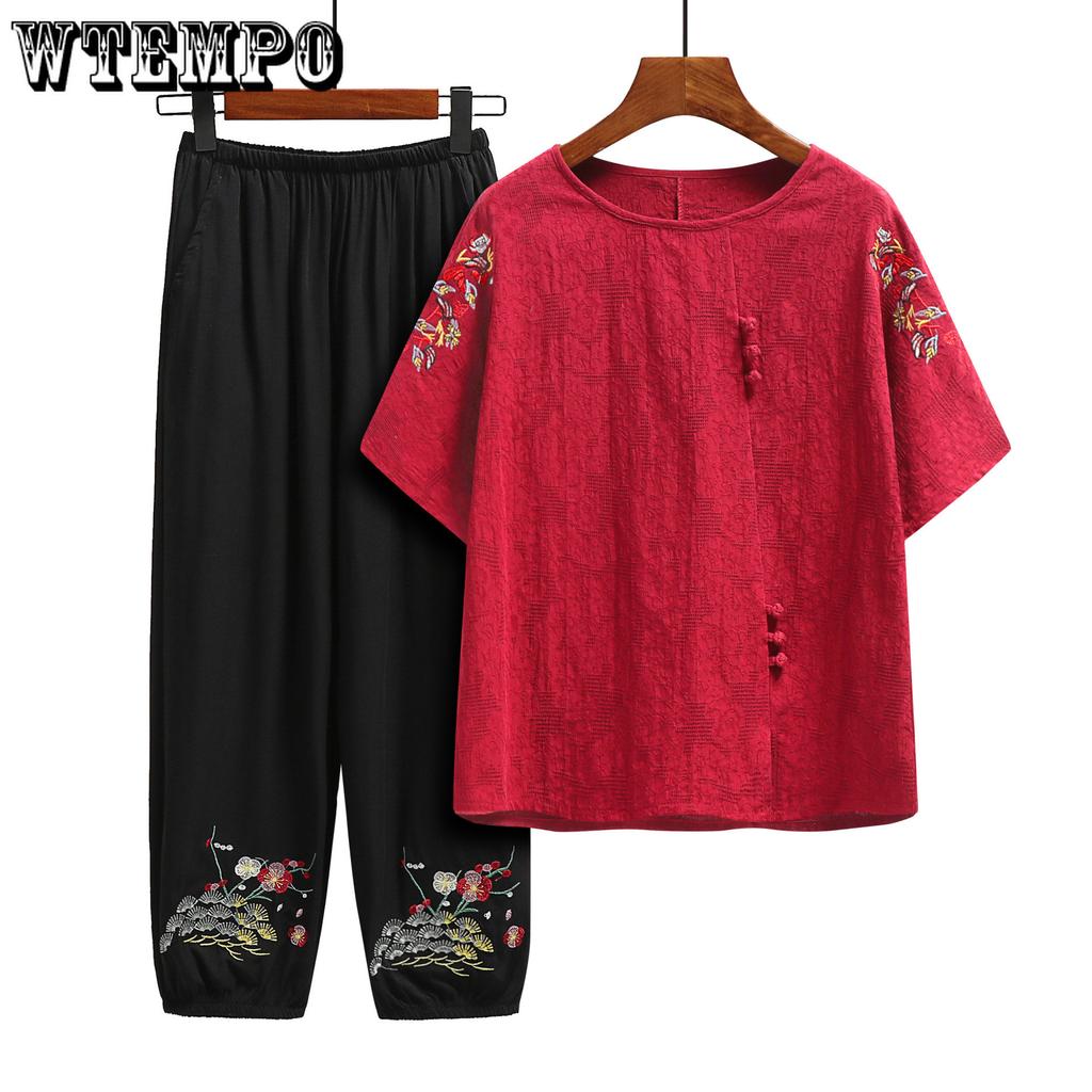 Летний костюм из хлопка и льна для среднего и пожилого возраста, женский летний хлопковый костюм с короткими рукавами для мамы, хлопковая футболка, брючный костюм