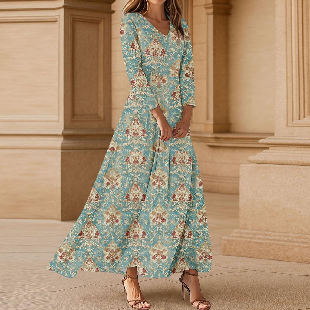 Dresses For Womens Vintage Flower Tunic Waisted Midi Dress Summer Casual 3/4 Sleeve Dress