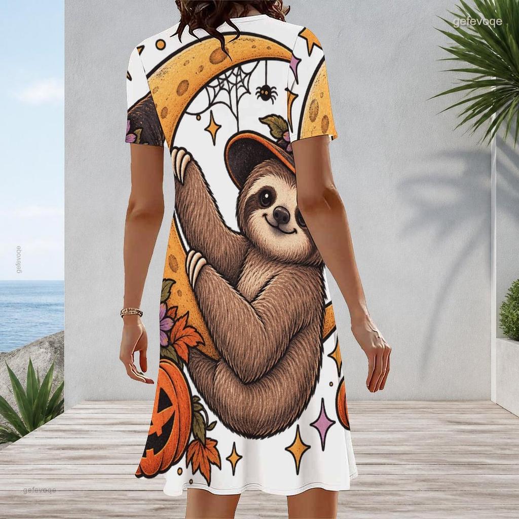 Women Plus Size Round Neck Short Sleeve Halloween Sloth Printed A Line Dress