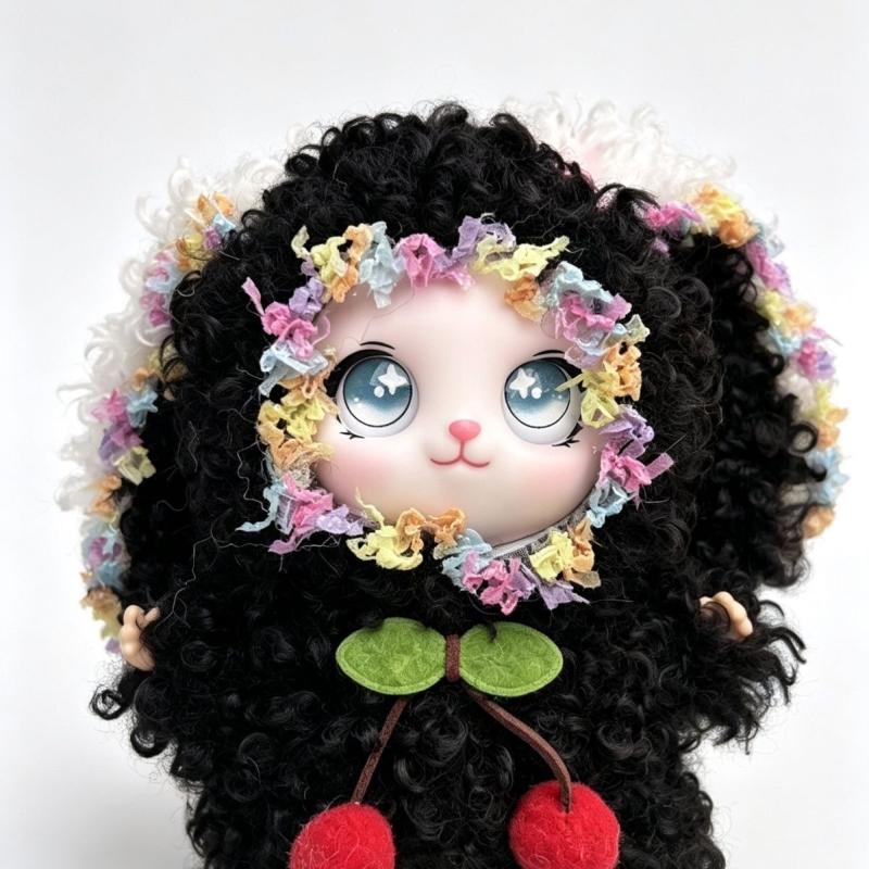 Curly Fur Plush Doll Keychain Cute Brown Fluffy Ears Bow Decor Washable Bag Pendant for Backpack School Bag Ornament