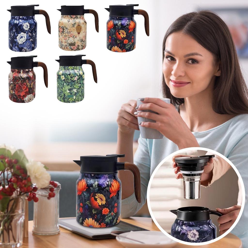 Vintage Floral Pattern Tea , Tea Pot, Vintage Floral Pattern Tea-Built-In Infuser, Stainless Steel Thermal Carafe With Lid For Hot Drinks