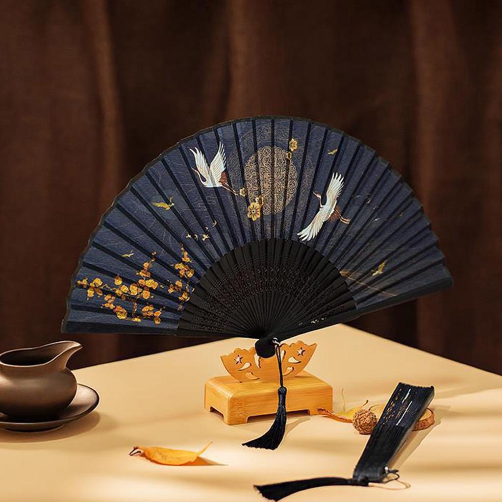 Классический китайский складной веер с изящным узором журавлей, веер ручной работы в старинном стиле для танцевальных представлений и свадебного декора