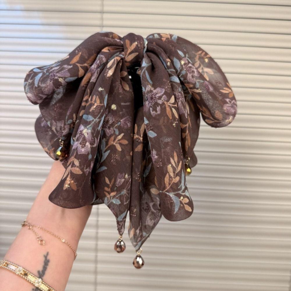 French Style Chiffon Hair Claw Large Women Hair Grab Clip Crystal Bow Shark Clip  Daily