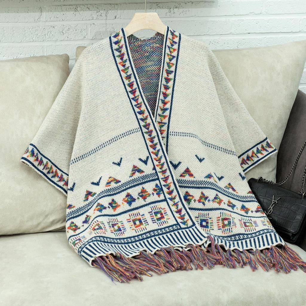 Autumn and Winter Women Print Loose Bat Sleeve Cross Border Cloak Cardigan Knitwear V-Neck Sweater