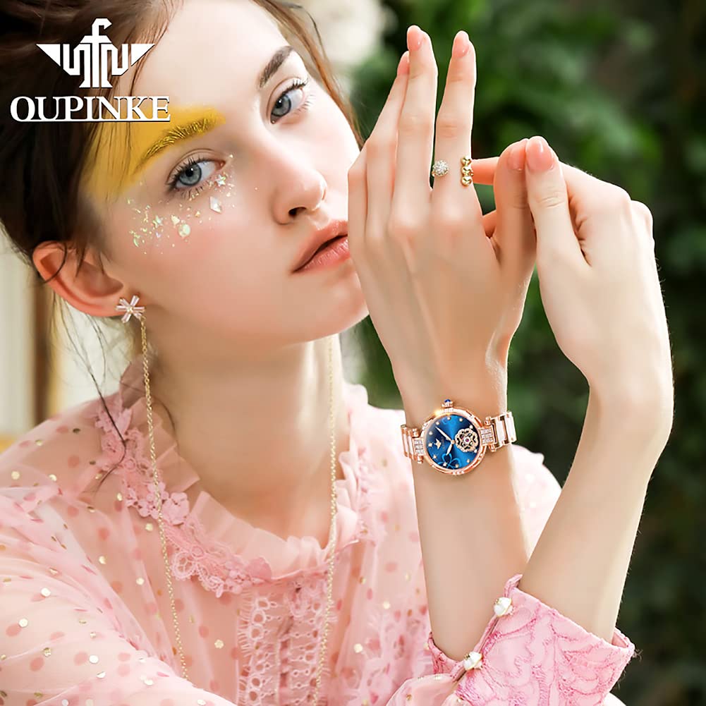 OUPINKE Автоматические Механические Ручные Нержавеющая Сталь 5 АТМ Водонепроницаемые Японские Золотые Синие Женские Часы, Часы, Высококачественная Сталь, Устойчивые, Механизм, &