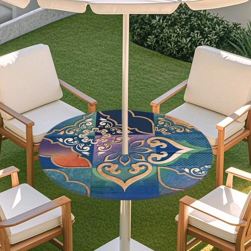 Outdoor Round Tablecloth With Tile Print Waterproof Elastic Edge Patio Garden Dining Table