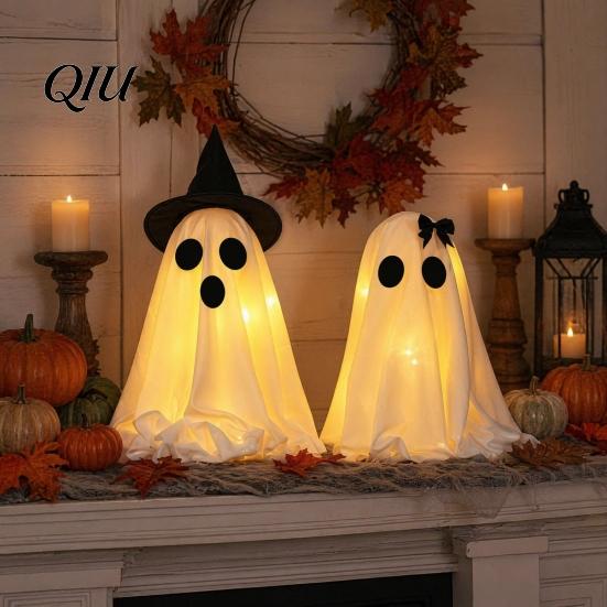 Seasonal Holiday Decor Halloween Ghost Decoration, Light-Up with Witch Hat/Bow, Party Supplies Spooky Standing for Porch Yard Outdoor Decoration