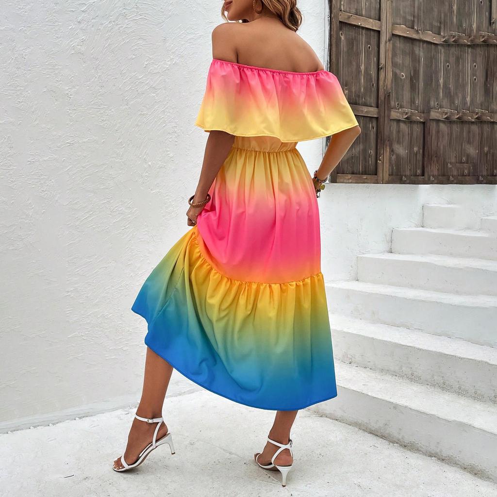 Весна-лето Женское приморское отпускное платье радужного цвета с короткими рукавами, облегающее платье А-силуэта с высокой талией и плечами-лотосами, размер S-XL