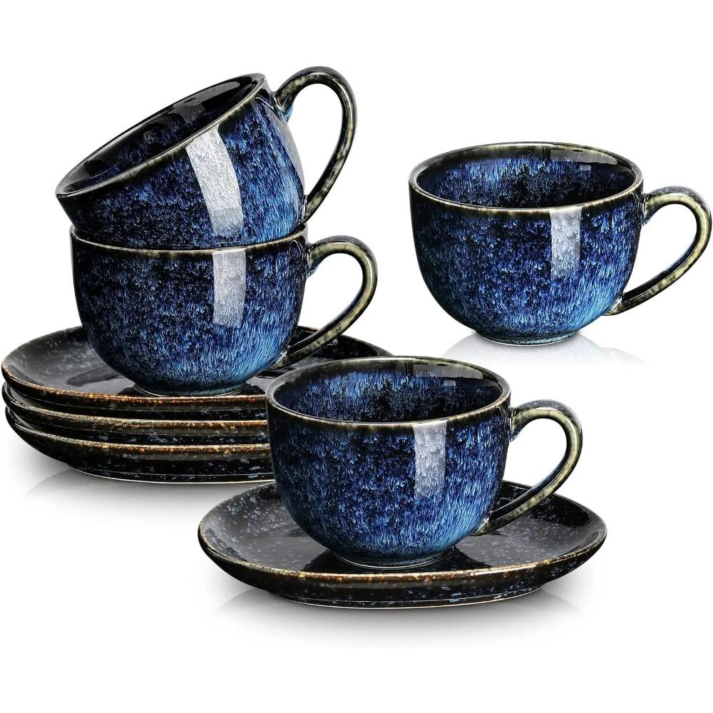 Чашки для капучино 6,5 унций с блюдцами, набор из 4 штук, керамическая кофейная чашка для кофе-о-ле, двойного эспрессо, латте, мокко