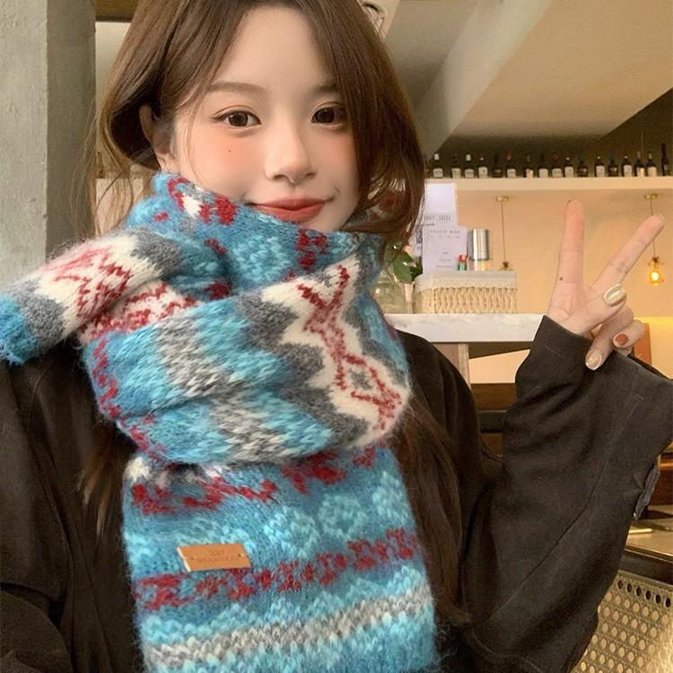 Fair Island style retro blue knitted scarf female winter Korean atmosphere student thickened warm scarf