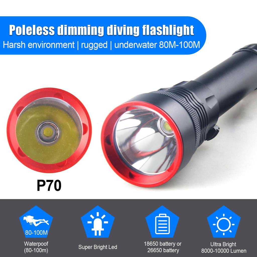 Powerful P70 Diving Flashlight IPX8 Underwater Lamp Professional Scuba Diving Torch 100M High Power LED Flashlights Fishing Lamp
