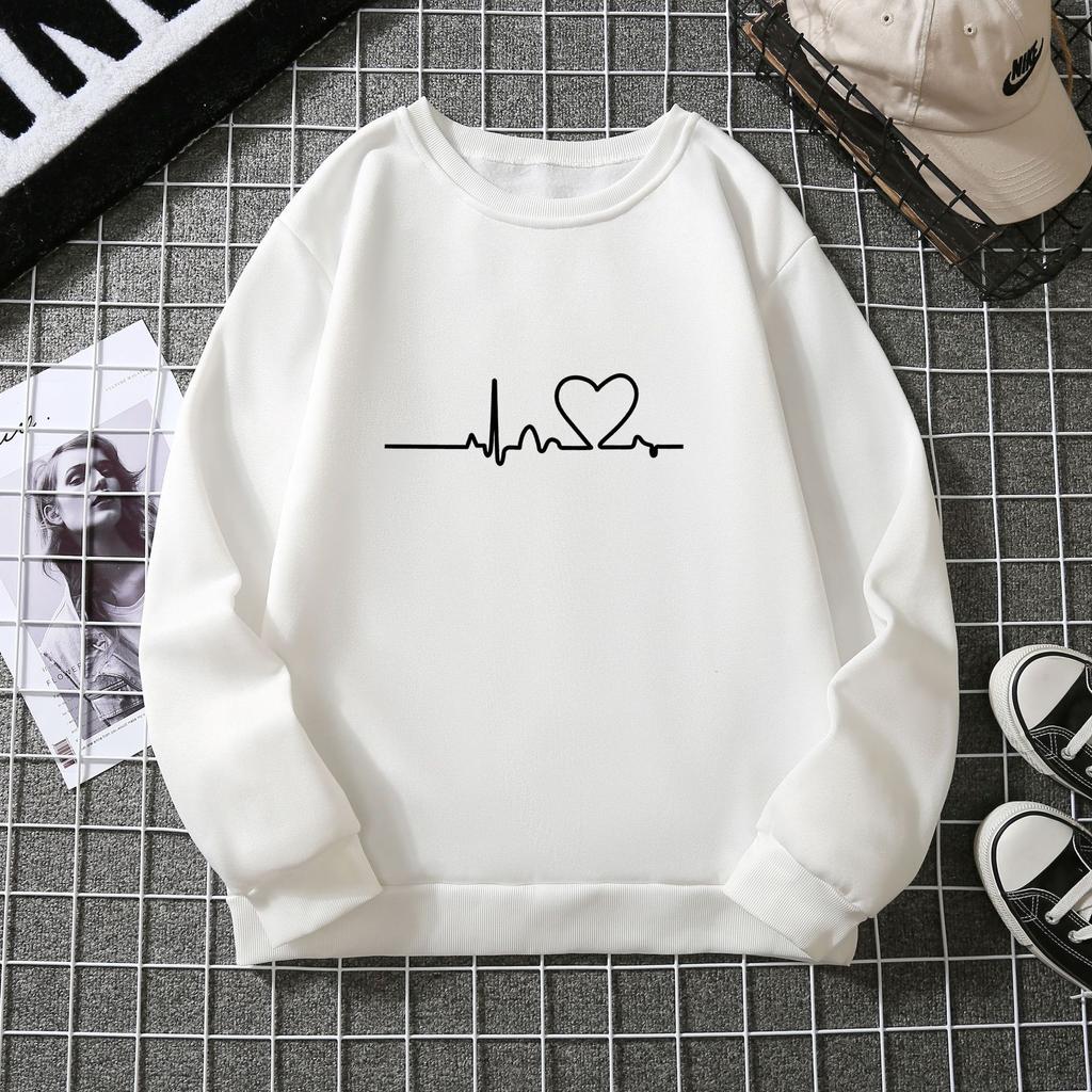 Осенне-зимняя женская толстовка с принтом «сердцебиение», студенческий узор, плюшевый женский пуловер с капюшоном и длинным рукавом